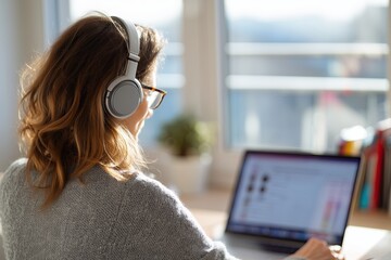 Young woman attending online webinar wearing headphones and working on laptop at home