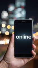 hand holding smartphone, screen showing glowing "online" text, blurred night city in background, contrast lighting