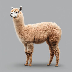 Fototapeta premium A light brown alpaca standing in profile against a solid gray background looking to the left side