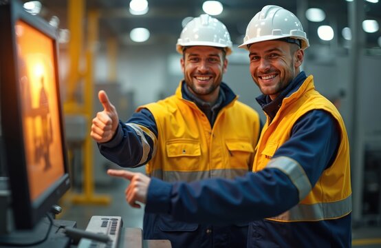 Two men at work in factory with hard hats. Young engineer trainee looks monitor while happy foreman mentor points finger and shows thumbs up. Teamwork concept, collaboration in industry.