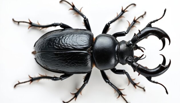 Giant black stag beetle Hexarthrius buqueti isolated on white background. Macro shot insect. Coleoptera lucanidae arthropod, close-up. Entomology, wildlife, insect, bug. Beetle with big horns.
