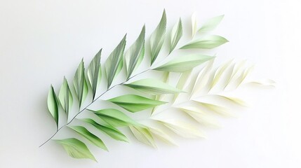 Fototapeta premium Flat lay of a bunch of green palm leaves on a white background. the leaves are arranged in a fan-like pattern, with each leaf slightly overlapping the one below it.