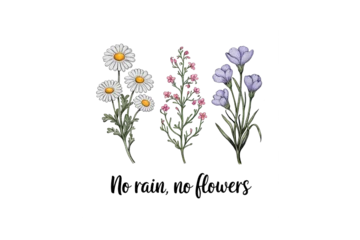 Fotobehang No Rain No Flowers - Floral positive quote Sublimation Design © Boo