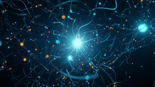 Glowing AI brain with complex neural connections, camera rotating around digital data network in 3D