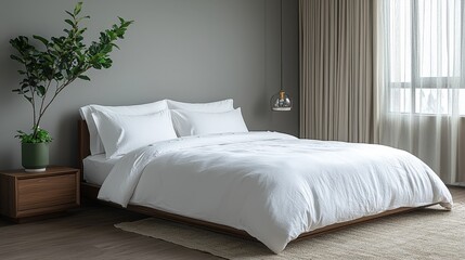 Modern minimalist bedroom with cozy white bedding and natural light