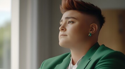 Thoughtful Young Woman in Green Blazer, Short Hair