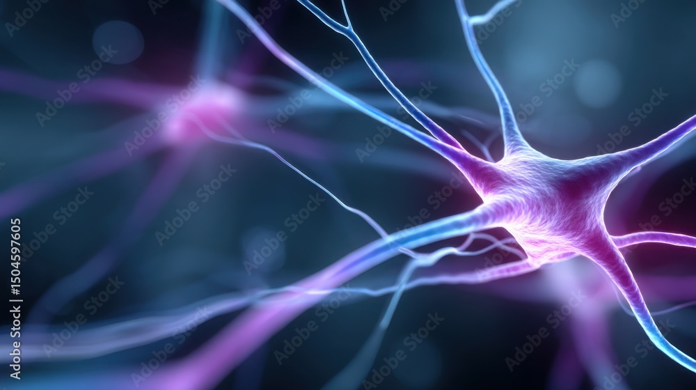 Poster medical background glowing neural networks complex nerve fibers glowing blue purple lines dark backg