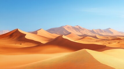 Vast sand dunes stretching to a clear desert horizon.