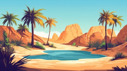 Desert oasis landscape illustration with palm trees.
