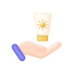 3D Hand is holding Sunscreen cream tube icon. Sun protection concept. Protect from uv radiation and SPF 50.