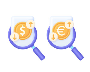 3D Set of Euro and dollar value with arrow down and up. Economic crisis or economic growth. Currency exchange icon.
