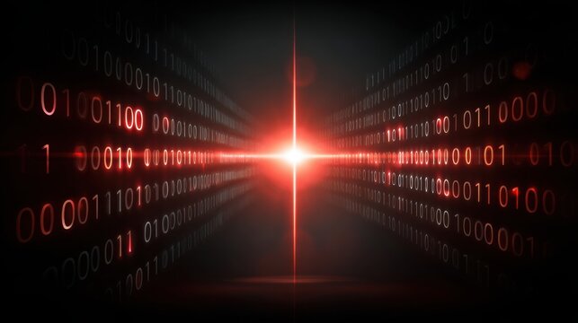 Minimal binary code background, solid dark gray with single glowing red stream of binary digits in the center, high-contrast tech design  - Powered by Adobe