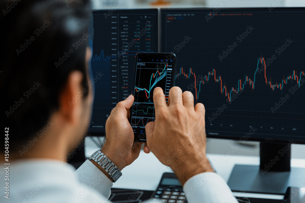 Poster trader businessman searching on smartphone, analyzing in dynamic stock exchange investment screen on