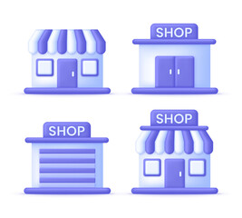 3D Set of stores icons. Renting or selling a store. Realtor for buyers. Online shopping concept. Business and commerce.