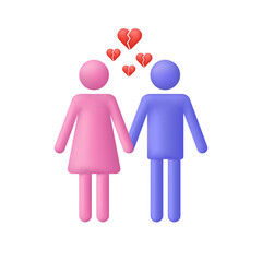 3D A man and a woman broke up. Red heart cracked and broken. Divorce and broken heart concept.