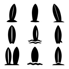 vector illustration of a black silhouette of a surfboard icons