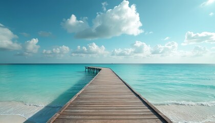 Obraz premium Wooden pier extends into turquoise ocean under blue sky with puffy clouds. Calm sea, white sand beach on shore. Travel, vacation, summer holiday vibes. Peaceful scene, perfect background.