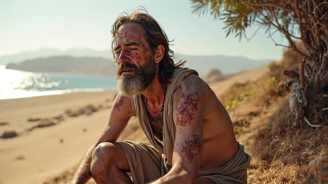 A leper sitting by the sea of Galilee