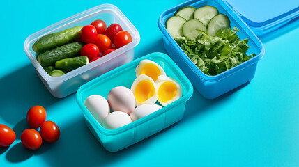 Healthy lunchboxes filled with eggs, fresh vegetables, and greens on a bright turquoise background.  
