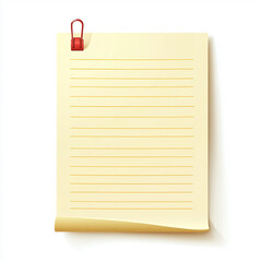 A lined yellow notepad paper with a red clip on a white background with a curled bottom edge