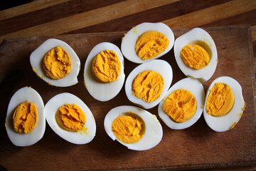 Halved boiled chicken eggs