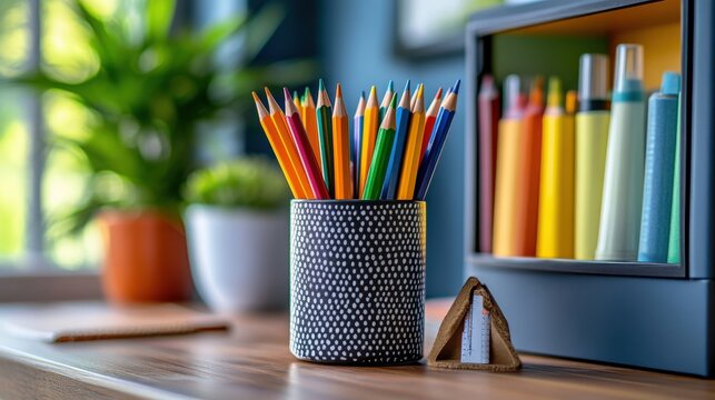 Organized workspace with stationery plant and colorful books