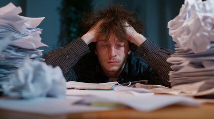 Stressed man overwhelmed with paperwork sitting at a cluttered desk. 
