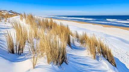 Snowy Beach Winter Seascape Dune Grass Ocean View