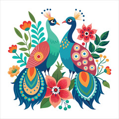 Floral bird art pattern with love birds on a tree branch, a vibrant spring nature illustration