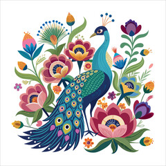 Here's a single sentence combining those elements:

A vibrant peacock illustration on a white background with floral decoration, featuring ornate vintage elements and natural leafy patterns