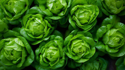 Obraz premium Top view of fresh green butterhead lettuce heads closely packed together. 