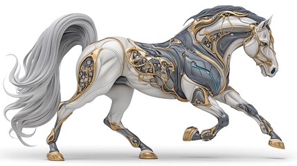 High-tech mechanical horse running with cybernetics and golden elements in sleek form high resolution image