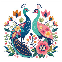 Floral spring pattern with cute birds, flowers, and leaves a charming illustration for cards and decor