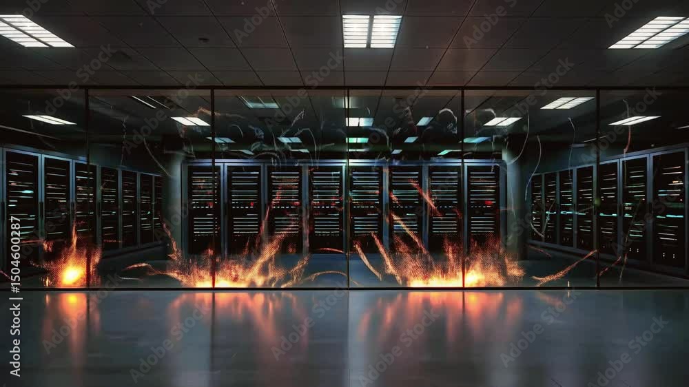 Poster data center with server racks and digital fire effects in background