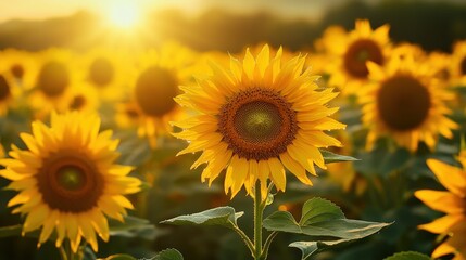 Obraz premium Golden sunflower field bathed in morning light.