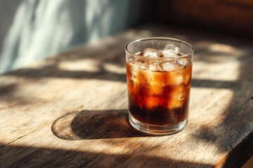 Iced Coffee Bliss: A close-up shot of an iced coffee beverage in a clear glass, with ice cubes shimmering in the morning sunlight, sitting on a rough wooden table casting shadows.