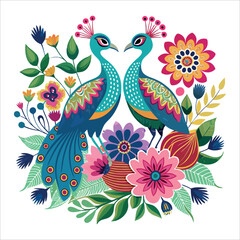 Colorful seamless floral pattern with birds, butterflies, and leaves, a vintage nature-inspired vector illustration for spring and summer decor