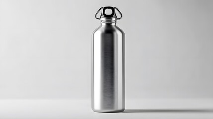 A stainless steel water bottle with black cap on a white background.