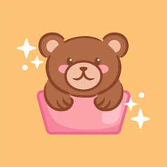 vector illustration features a cute and funny kawaii bear sitting snugly in a pink ice cream cup adorned with stars. The charming design radiates joy and whimsy, perfect for playful art projects.
