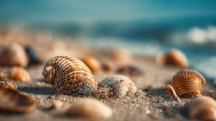 Seashells spread across beach sand