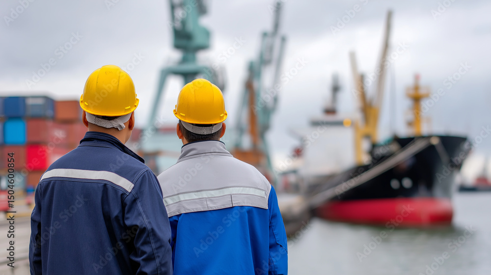 Poster two dock workers in safety helmets observing cargo operations at a busy industrial port with cranes 