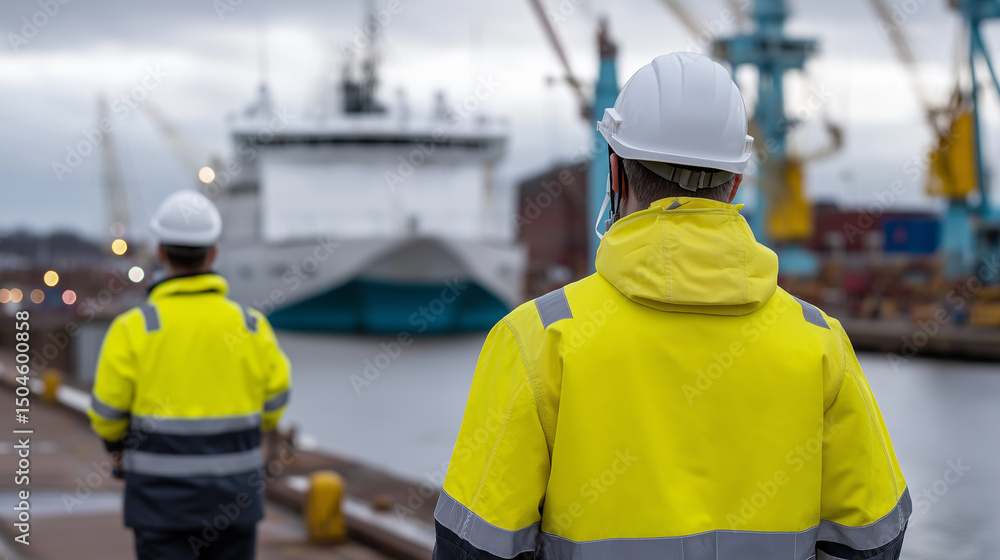 Poster two dock workers in safety helmets observing cargo operations at a busy industrial port with cranes 
