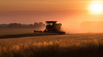 Combine harvester working on wheat field during golden sunset in rural landscape.
