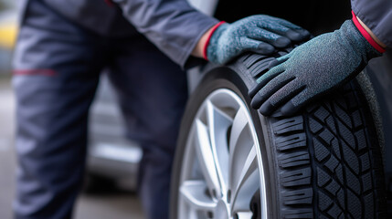 Fototapeta premium Auto mechanic in blue gloves handling car tire during maintenance or replacement service. 