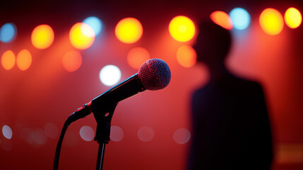 Microphone in focus with blurred performer on stage and colorful concert lights in the background.
