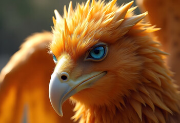 Detailed Close-up of a Mythical Golden Bird's Face