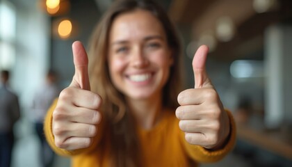Smiling woman shows thumbs up gesture. Positive feedback, customer satisfaction concept, success and approval. Business, agreement, like symbol. Expressing gratitude, positive emotions.