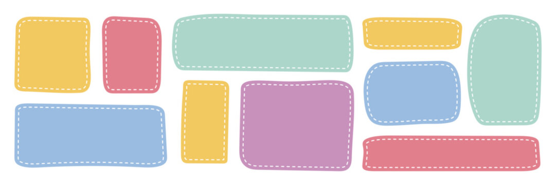 Cute hand Drawn text box set with stitched border. Doodle Irregular rectangular Frames in pastel colors. Great for scrapbook, kids designs, creative planners, stickers, packaging, DIY projects