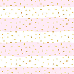 Seamless vector pattern with gold polka dots on soft pink and white stripes. Elegant festive background for wrapping paper, invitations, baby shower, party themes, textiles, gift packaging