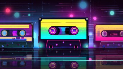 Fototapeta premium Retro electronic music background 80s style neon colors synthesizer silhouettes cassette tapes digital noise nostalgia retro futuristic style